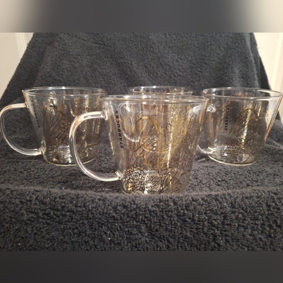 Starbucks 2019 Clear Glass Mug - Gold Floral Butterfly Design - Set Of 4 - Picture 2 of 13